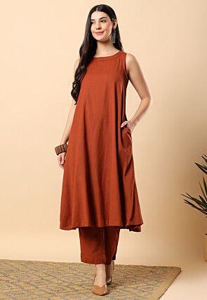 Embellished Neckline Viscose Cotton Co Ord Set in Rust