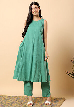 Embellished Neckline Viscose Cotton Co Ord Set in Sea Green