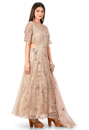 Embellished Net Abaya Style Suit in Light Peach