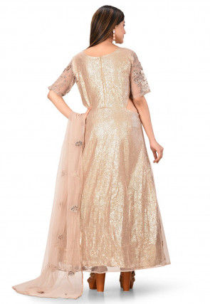Embellished Net Abaya Style Suit in Light Peach