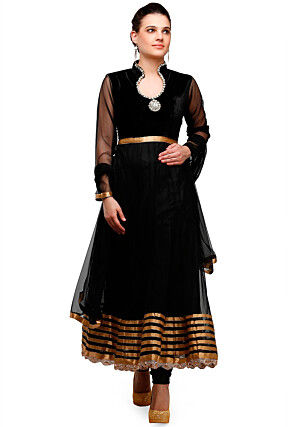 Embellished Net Anarkali Suit in Black