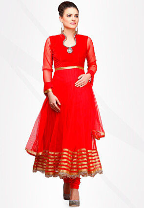 Embellished Net Anarkali Suit in Red
