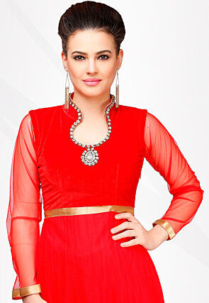 Embellished Net Anarkali Suit in Red