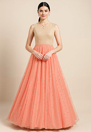 Embellished Net Gown in Peach and Golden