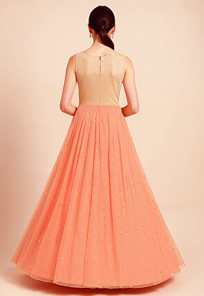 Embellished Net Gown in Peach and Golden