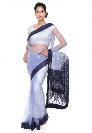 Embellished Net Brasso Saree in Light Grey