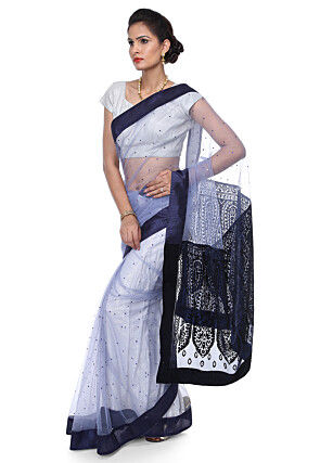 Embellished Net Brasso Saree in Light Grey