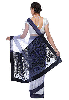 Embellished Net Brasso Saree in Light Grey