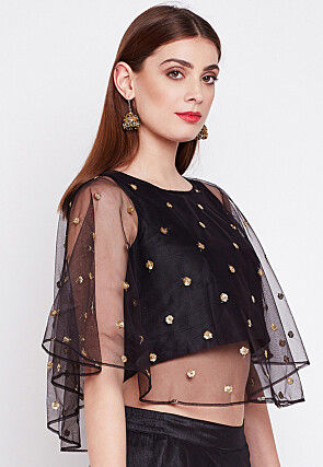 Embellished Net Cape Style Top in Black