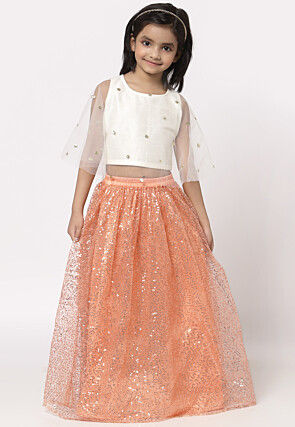 Embellished Net Cape Style Top N Skirt in White and Peach