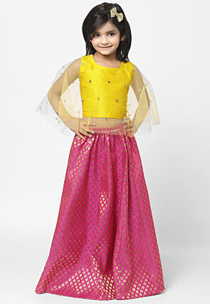 Embellished Net Cape Style Top N Skirt in Yellow and Fuchsia