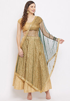 Embellished Net Dupatta in Dark Green