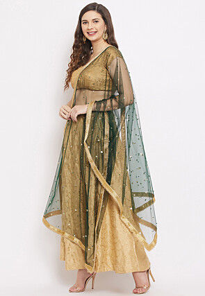 Embellished Net Dupatta in Dark Green