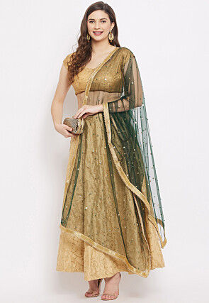 Embellished Net Dupatta in Dark Green