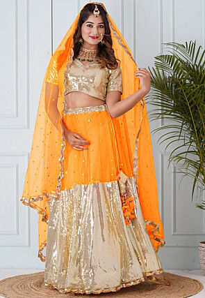 Embellished Net Dupatta in Mustard