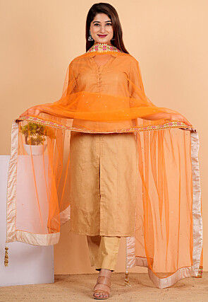 Embellished Net Dupatta in Orange