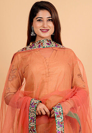 Embellished Net Dupatta in Peach