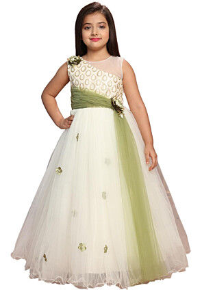Embellished Net Gown in Off White and Green