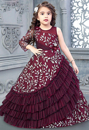 Embellished Net Layered Gown in Maroon