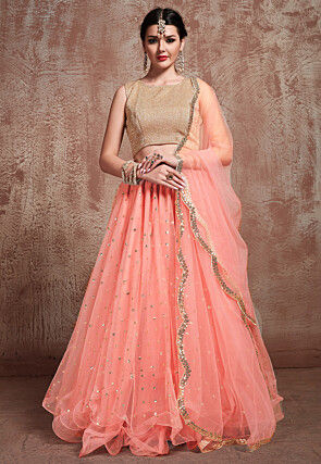 Embellished Net Lehenga in Peach