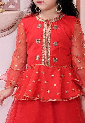 Embellished Net Lehenga in Red