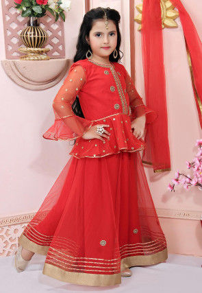 Embellished Net Lehenga in Red