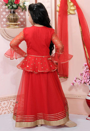Embellished Net Lehenga in Red