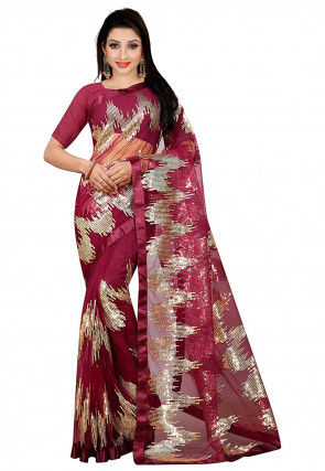 Embellished Net Saree in Pink