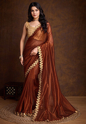 Embellished Net Saree in Rust