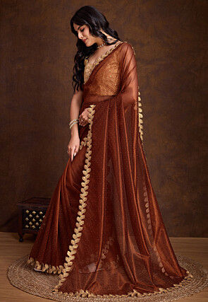 Embellished Net Saree in Rust