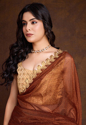 Embellished Net Saree in Rust