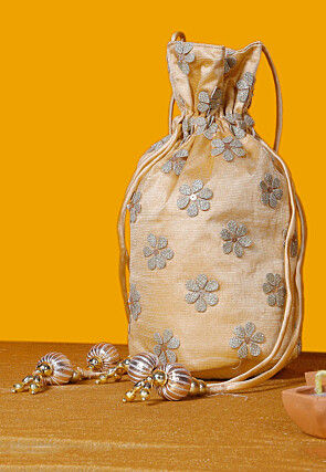 Embellished Net Shimmer Potli Bag in Beige
