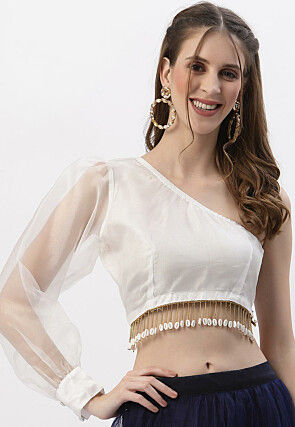 Embellished Organza One Shoulder Crop Top in White