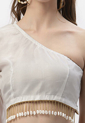 Embellished Organza One Shoulder Crop Top in White