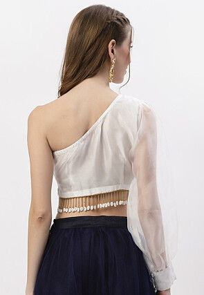 Embellished Organza One Shoulder Crop Top in White