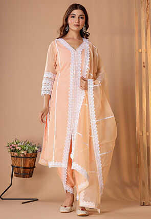 Embellished Organza Pakistani Suit in Peach