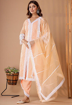 Embellished Organza Pakistani Suit in Peach