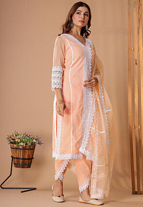 Embellished Organza Pakistani Suit in Peach