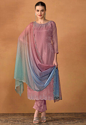 Embellished Organza Pakistani Suit in Pink