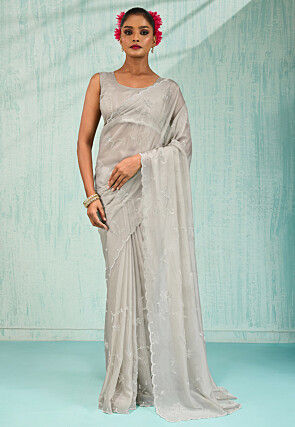 Embellished Organza Saree in Light Grey