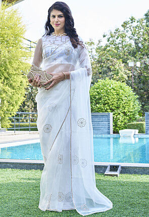 Embellished Organza Saree in Off White