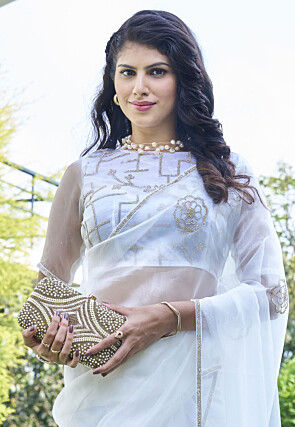 Embellished Organza Saree in Off White