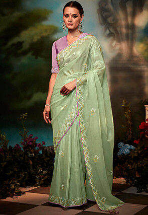 Embellished Organza Saree in Pastel Green