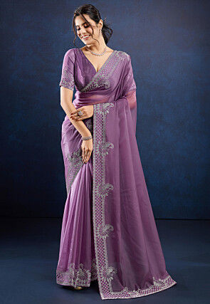Embellished Organza Saree in Purple