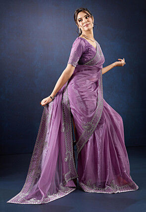 Embellished Organza Saree in Purple