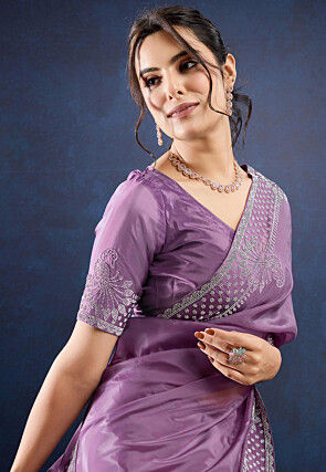 Embellished Organza Saree in Purple