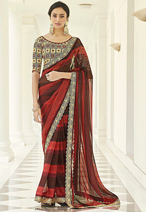 Embellished Organza Saree in Red and Brown