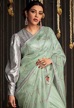 Embellished Organza Saree in Sea Green