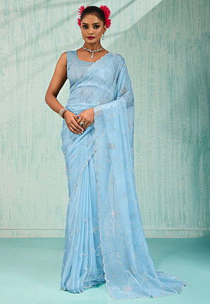Embellished Organza Saree in Sky Blue