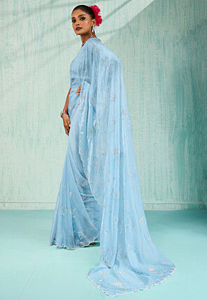 Embellished Organza Saree in Sky Blue